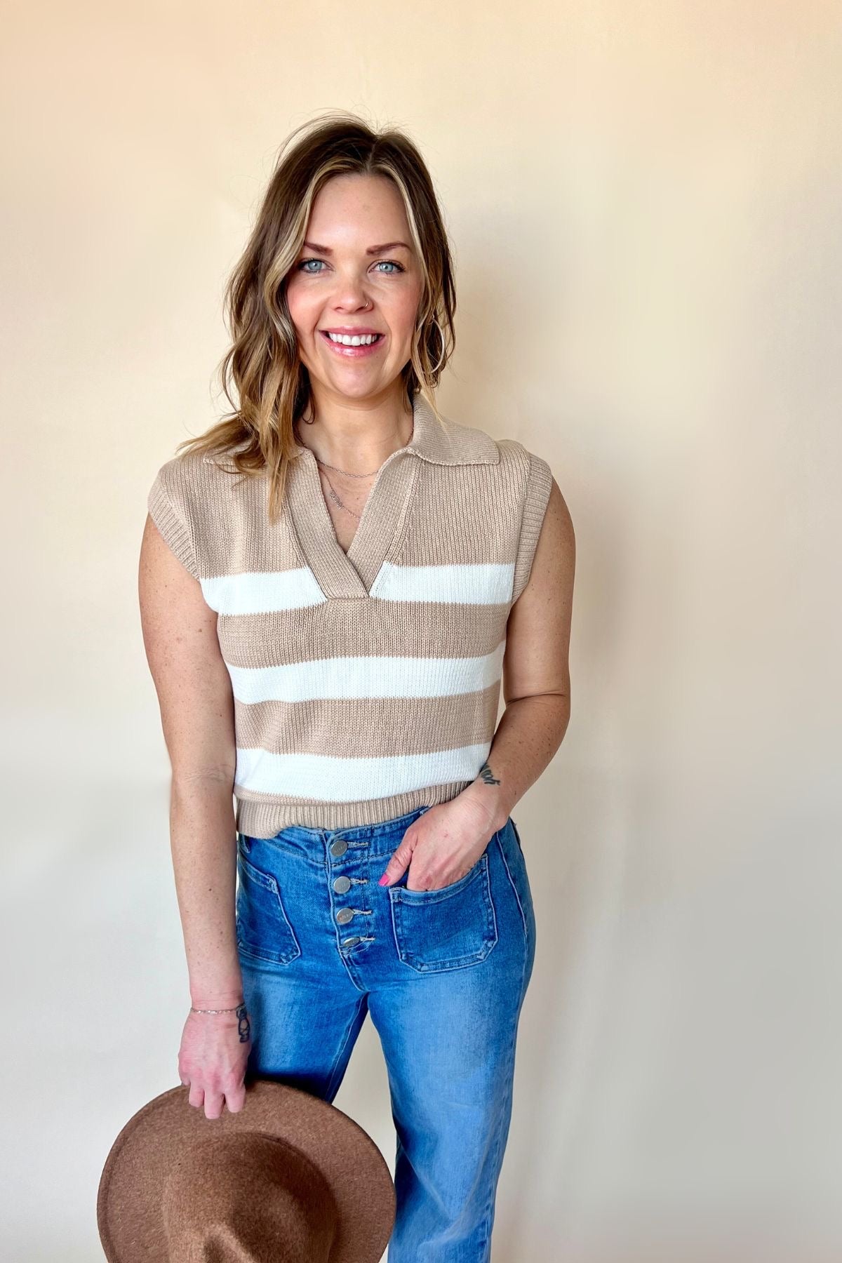 Striped Beige Sleeveless