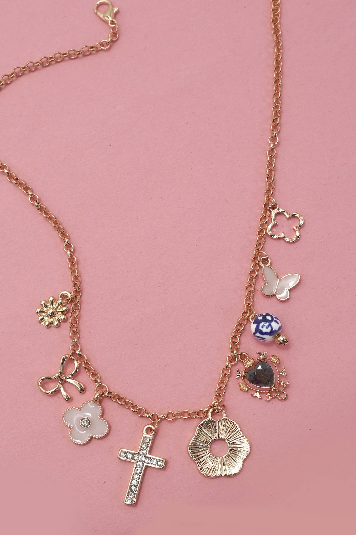 Charm Necklace Bow Flower and Clover