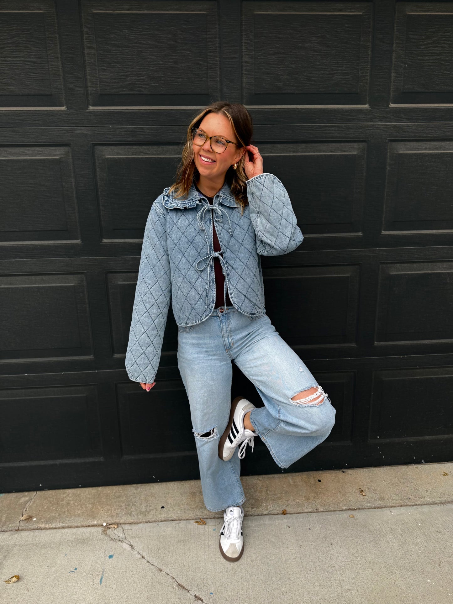 Quilted Denim Cropped Jacket With Bow Ties