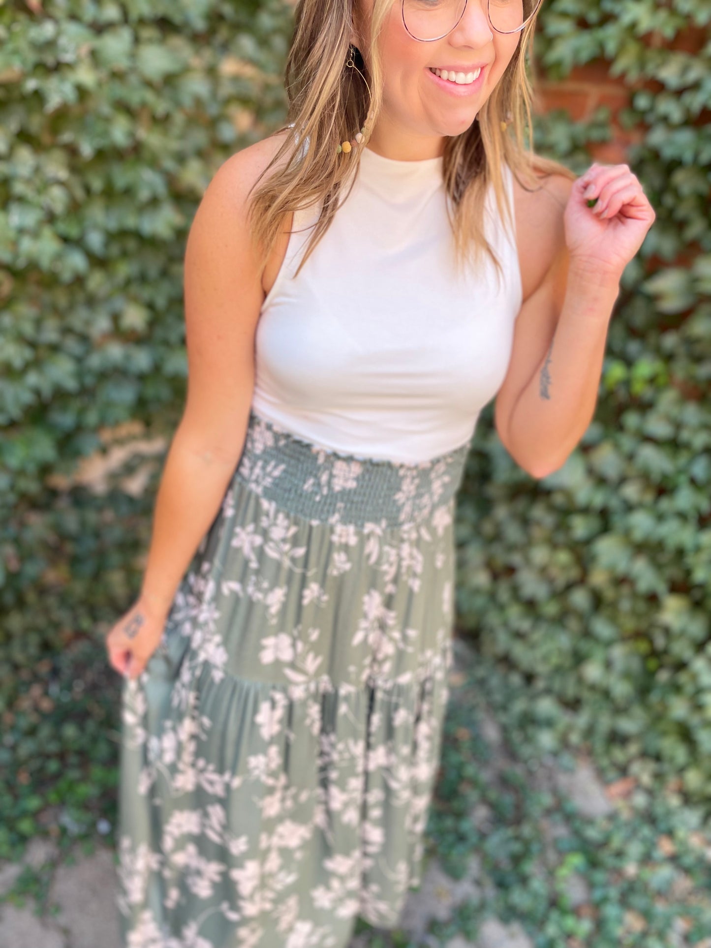 Green Print Tiered Skirt
