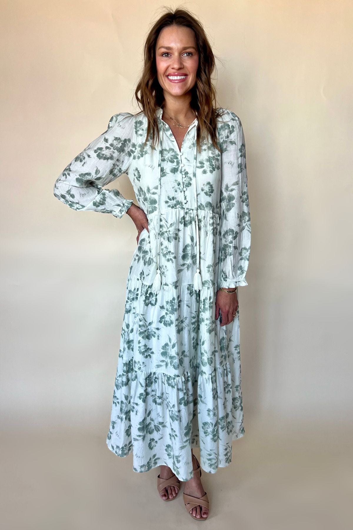 Tiered Olive Long Sleeve Dress