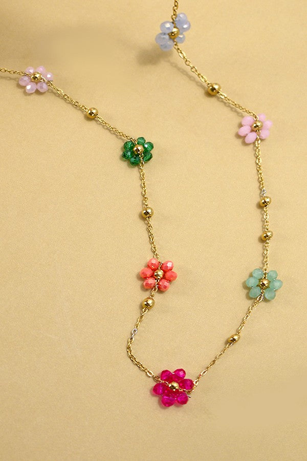 Summer Multi-Beaded Flower Charm Necklace - Multi Color