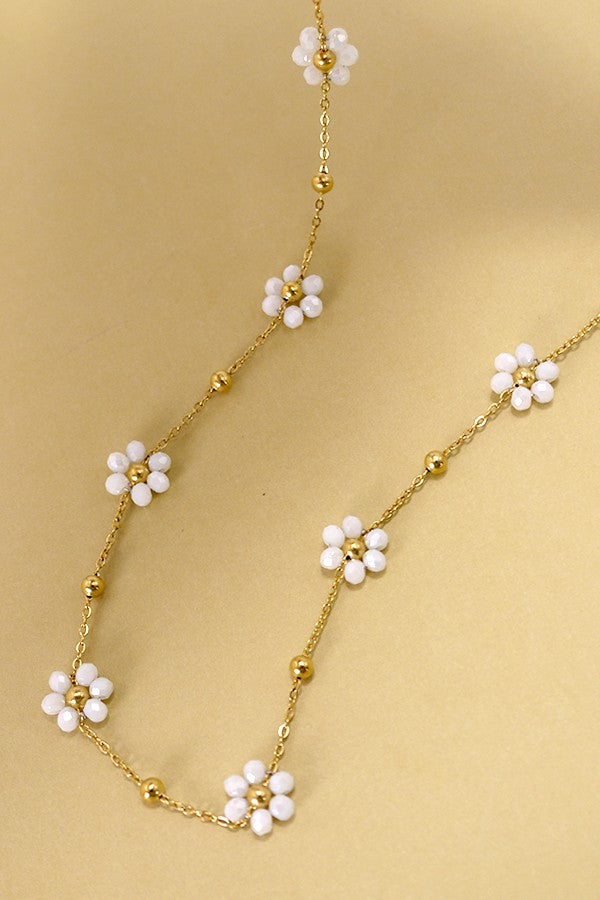 Summer Multi-Beaded Flower Charm Necklace - White