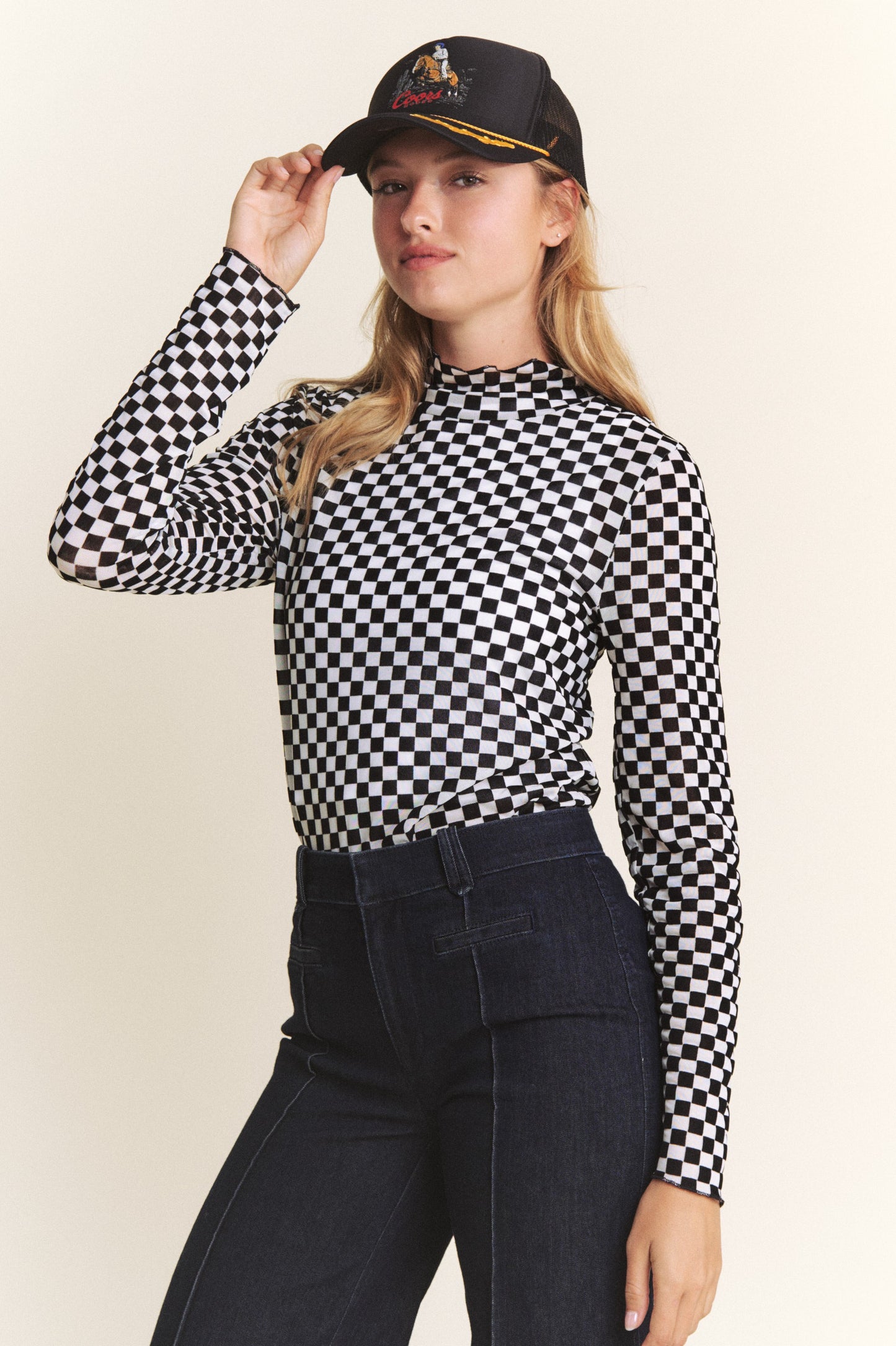 Checkmate Mesh Mock Neck Top