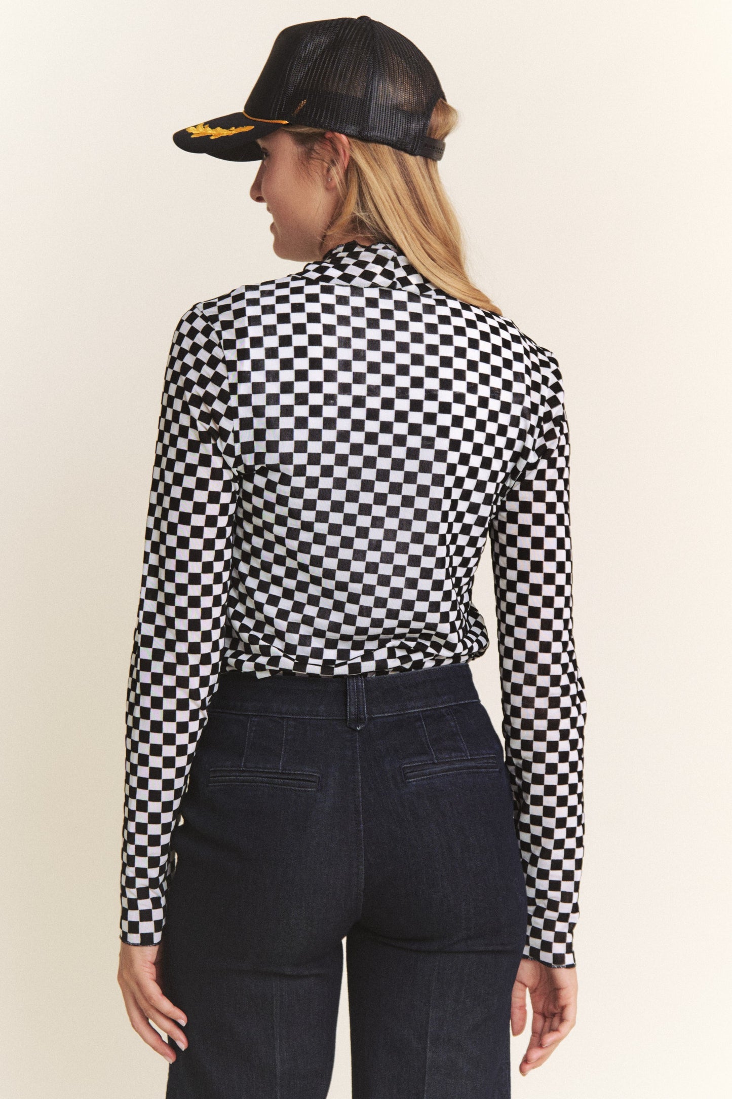 Checkmate Mesh Mock Neck Top