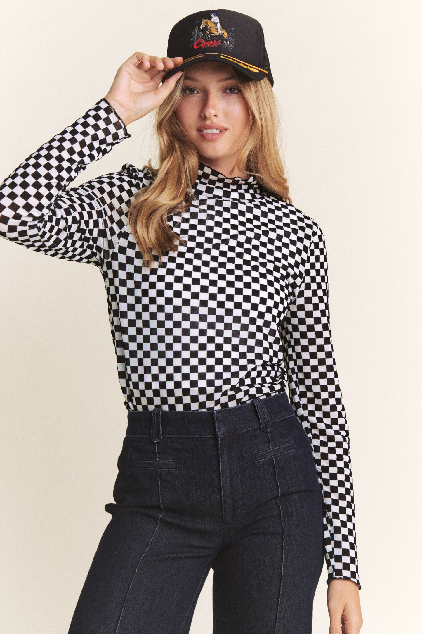 Checkmate Mesh Mock Neck Top