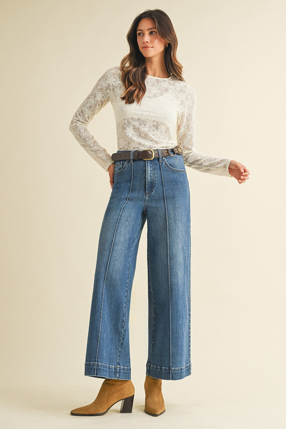 Stretch High Rise Pin Tuck Wide Leg Jean