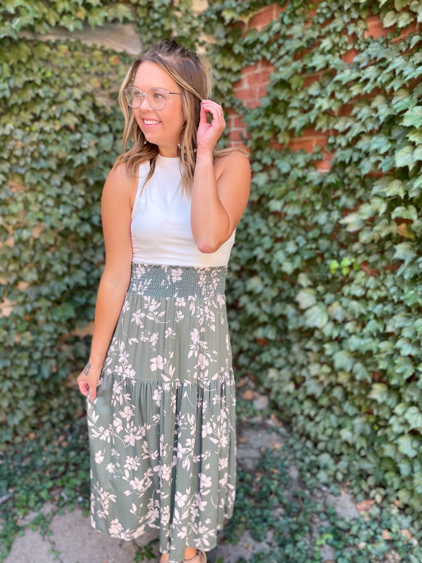 Green Print Tiered Skirt