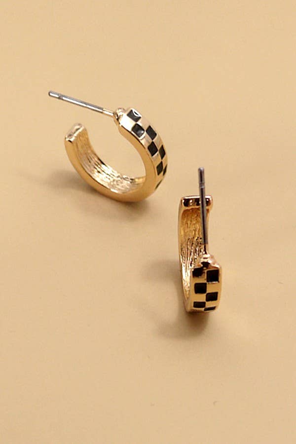 MINI CHECKER HOOP HUGGIE EARRINGS - White