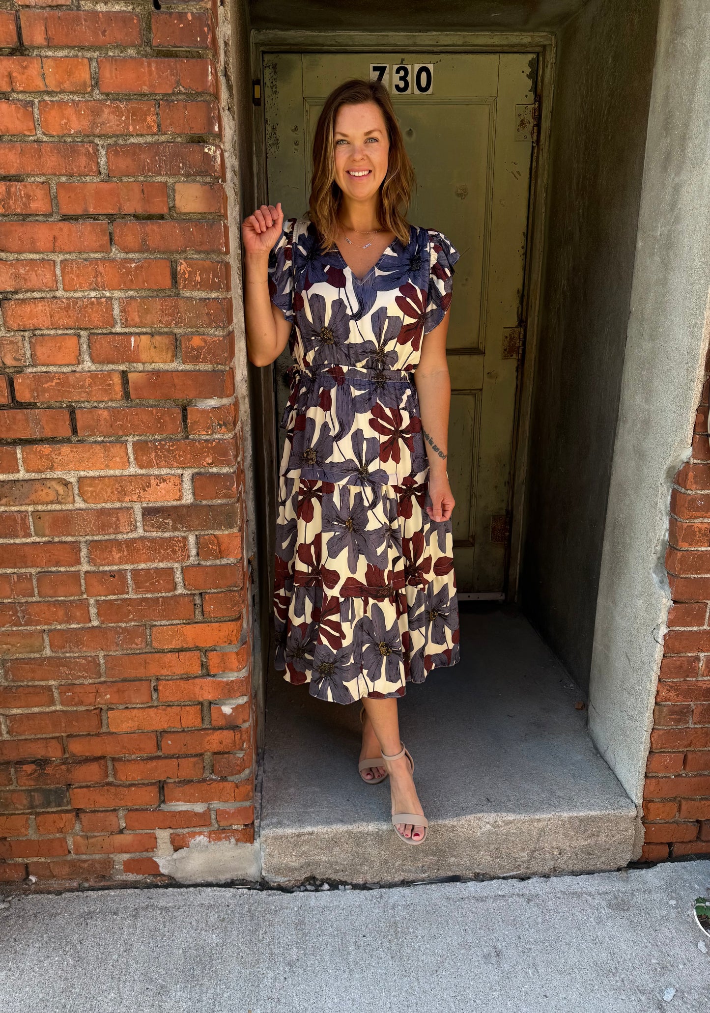 Vivid Bloom Satin Tiered Midi Dress