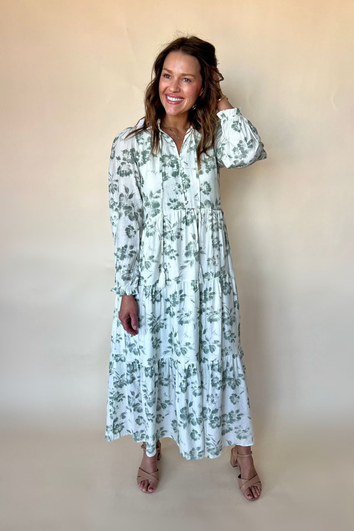 Tiered Olive Long Sleeve Dress