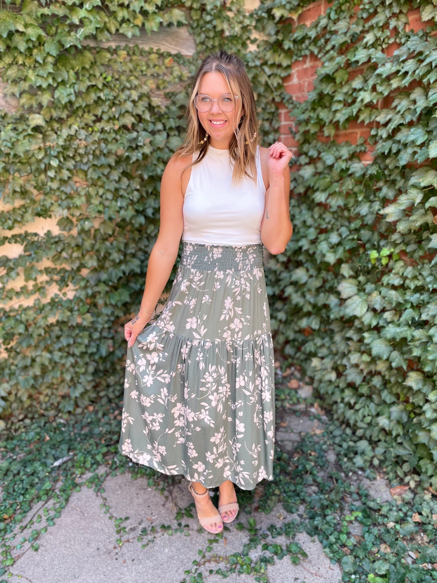 Green Print Tiered Skirt