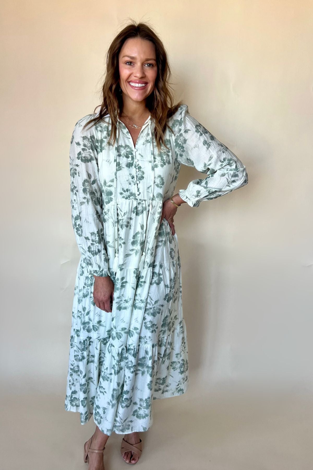 Tiered Olive Long Sleeve Dress
