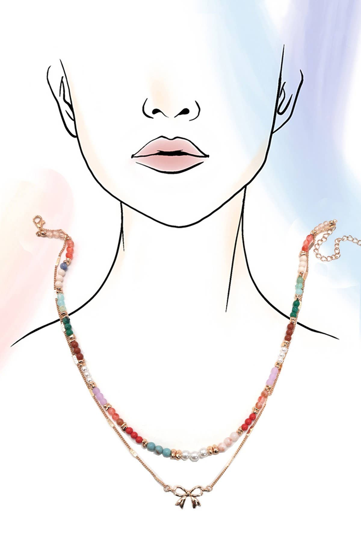 BEADED BOW CHARM DOUBLE LAYER NECKLACE