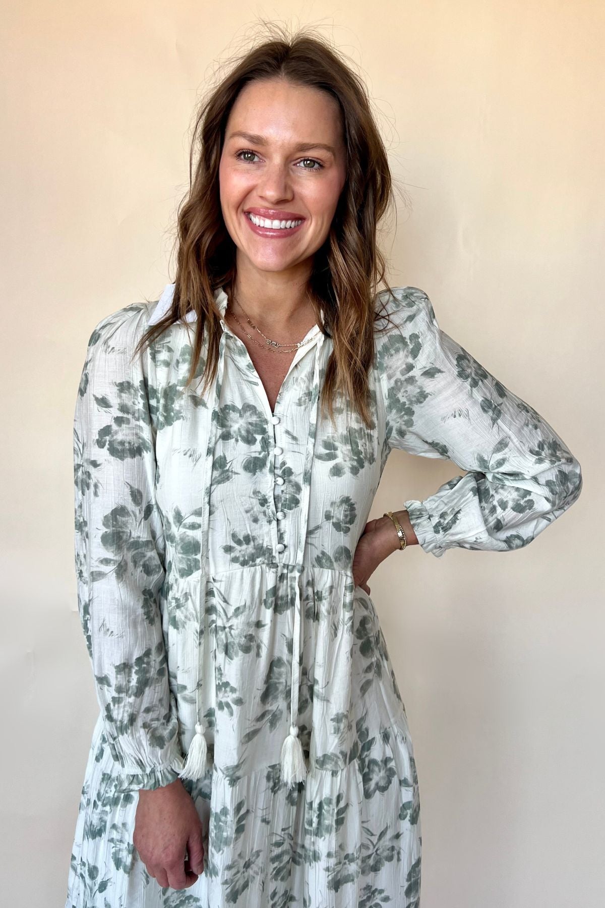 Tiered Olive Long Sleeve Dress