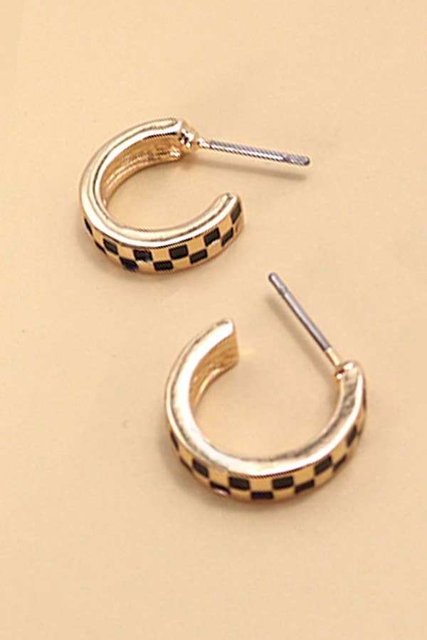 MINI CHECKER HOOP HUGGIE EARRINGS - White