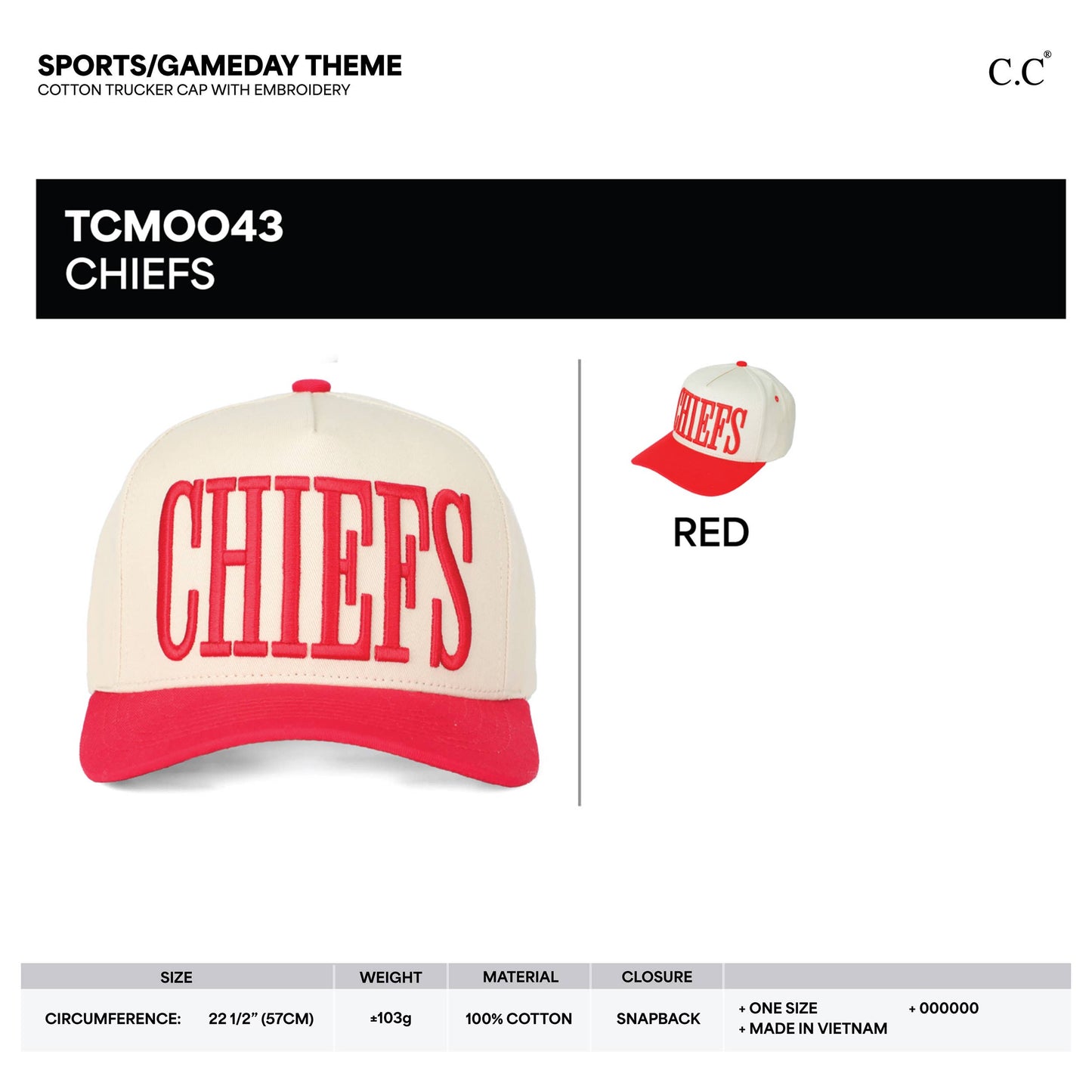 C.C CHIEFS Letter Embroidered Snapback Trucker Hat