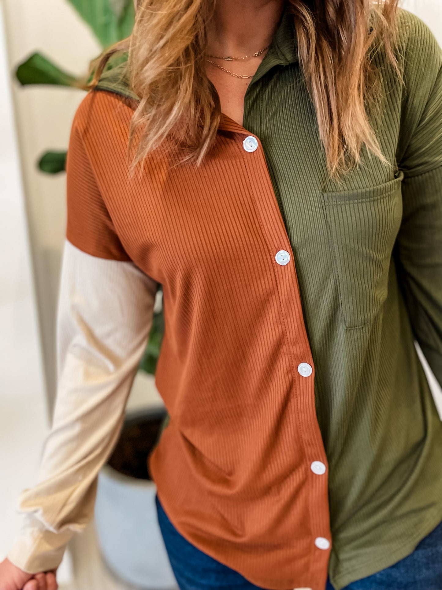 Split Olive Blocked Button Down