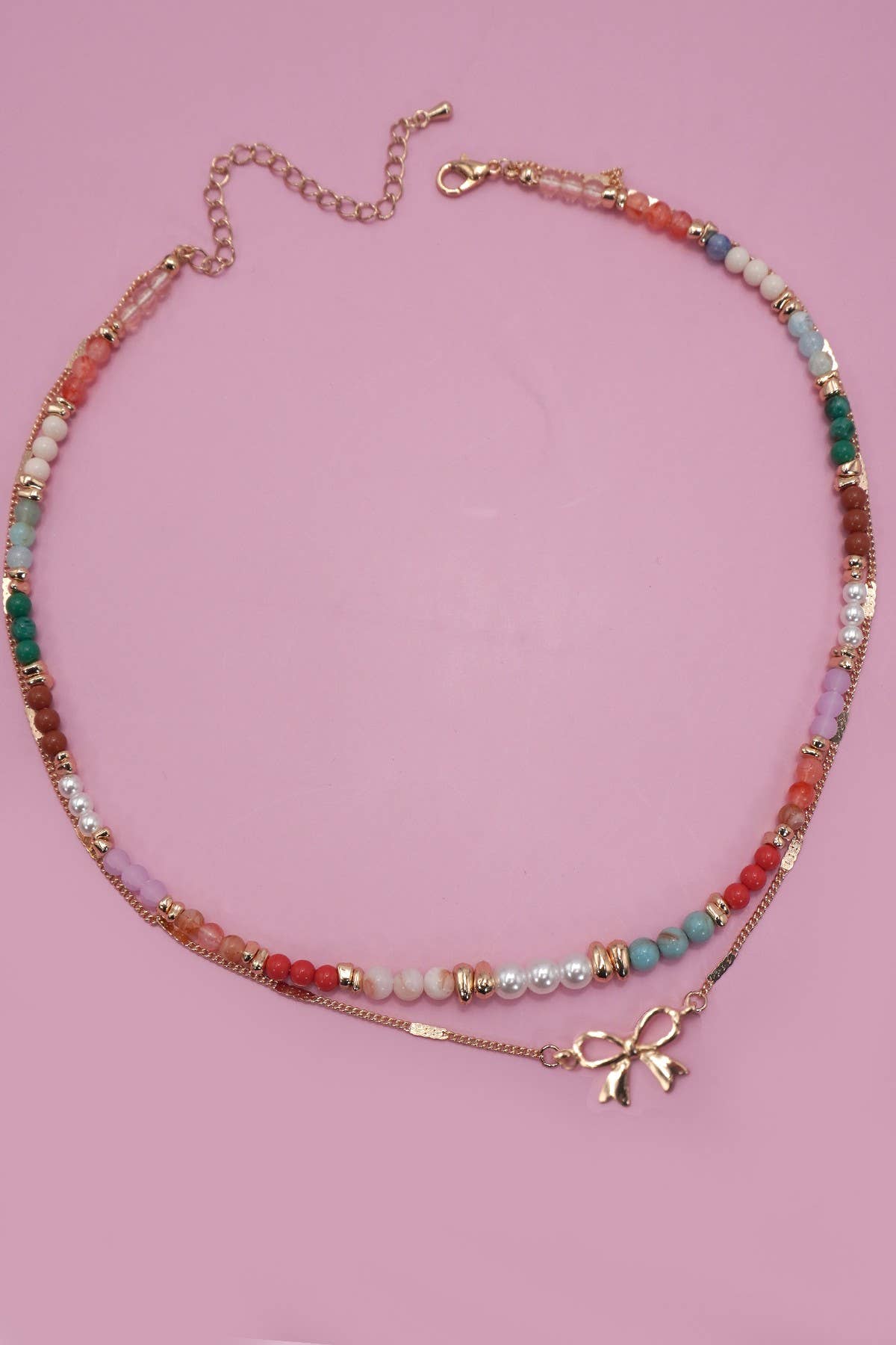 BEADED BOW CHARM DOUBLE LAYER NECKLACE