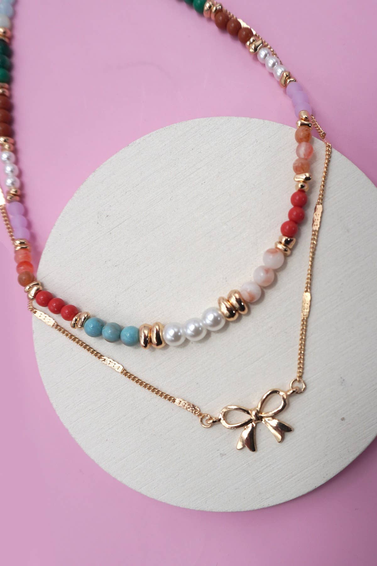 BEADED BOW CHARM DOUBLE LAYER NECKLACE