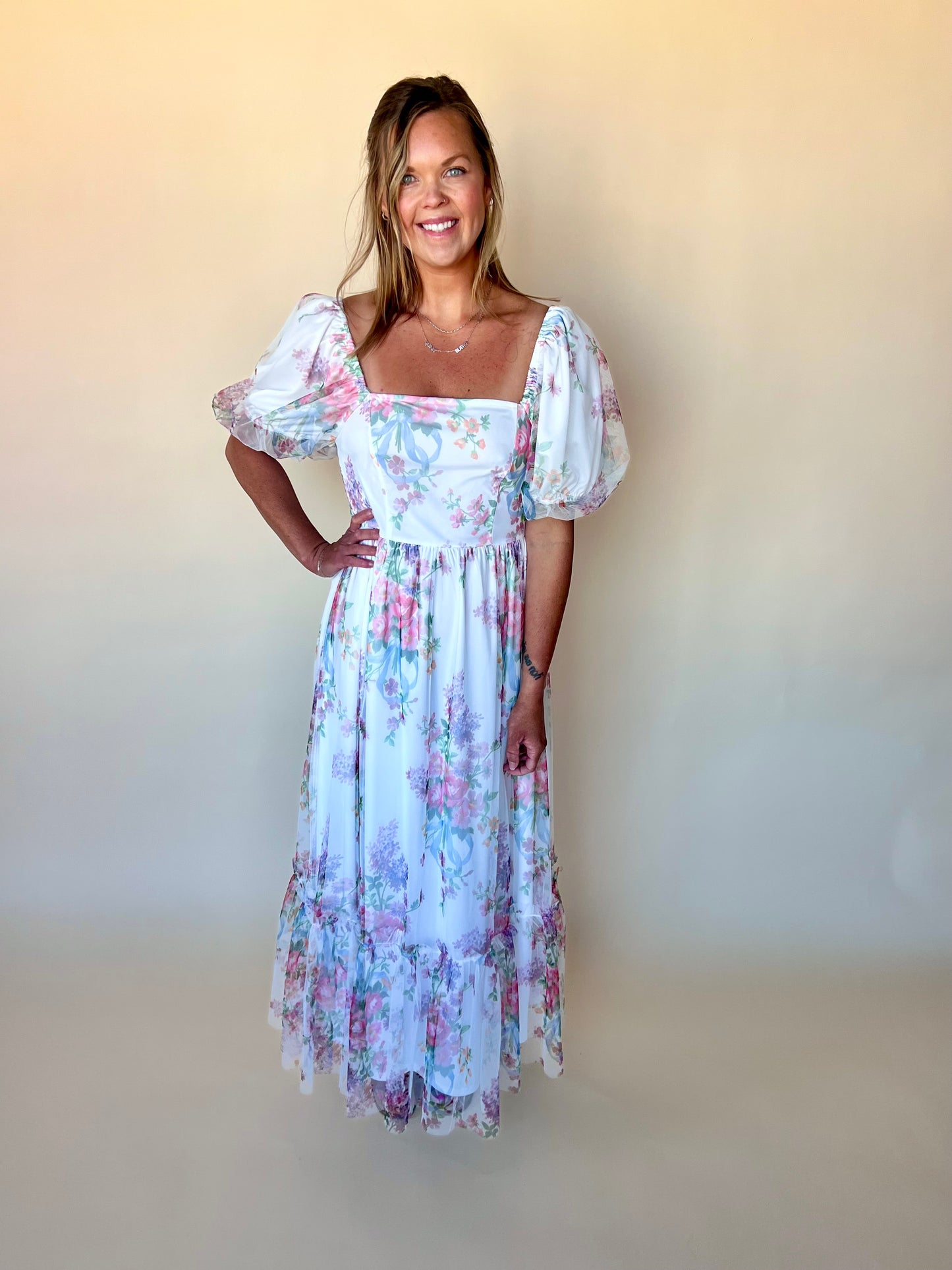 Tulle Mesh Square Neck Dress