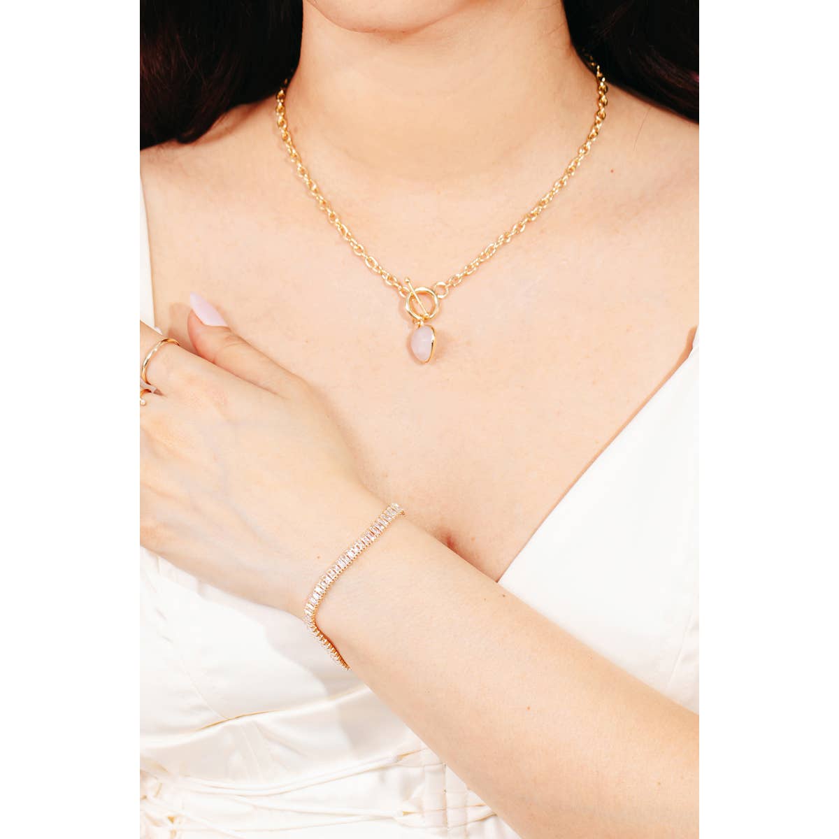 Baguette Rhinestone Tennis Bracelet: Gold