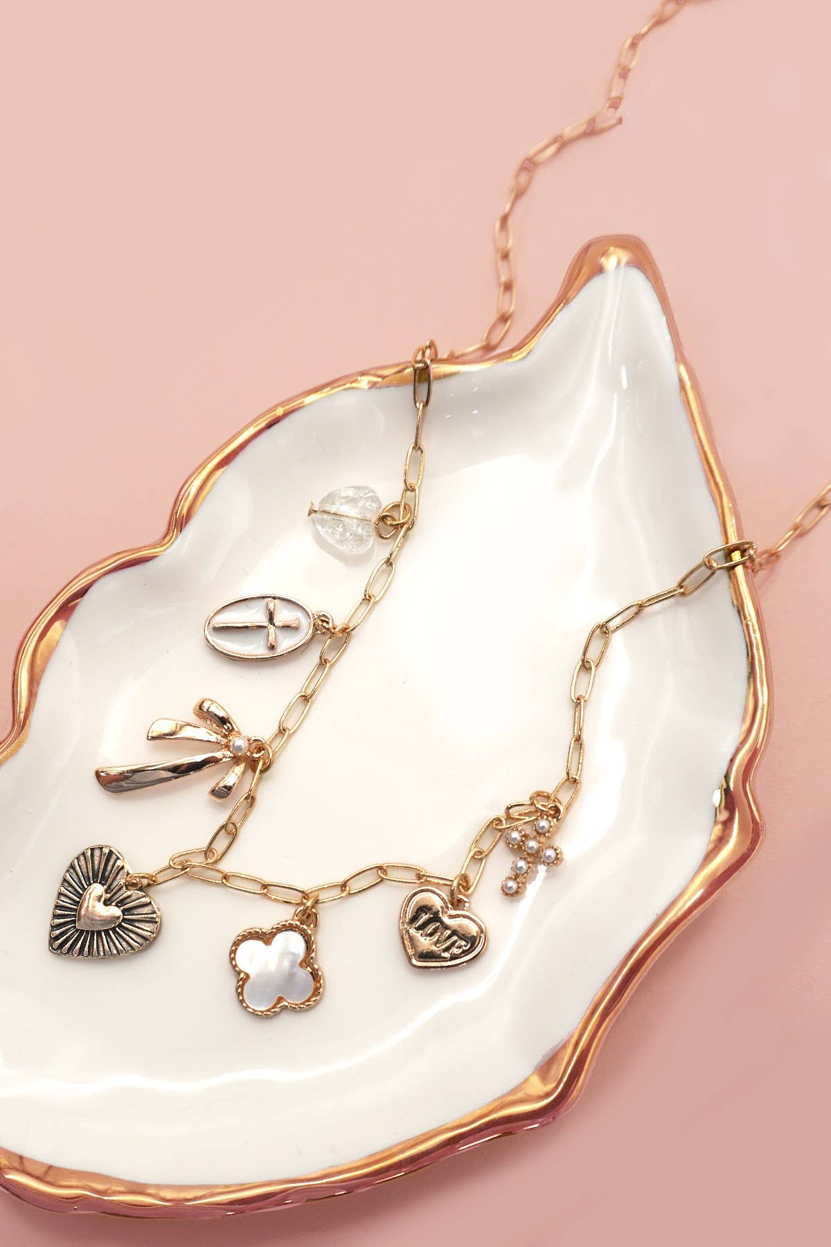 Charm Necklace – Clover, Bow, Cross & Heart