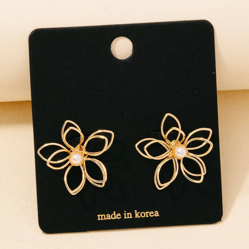 Wire Flower Pearl Stud Earrings