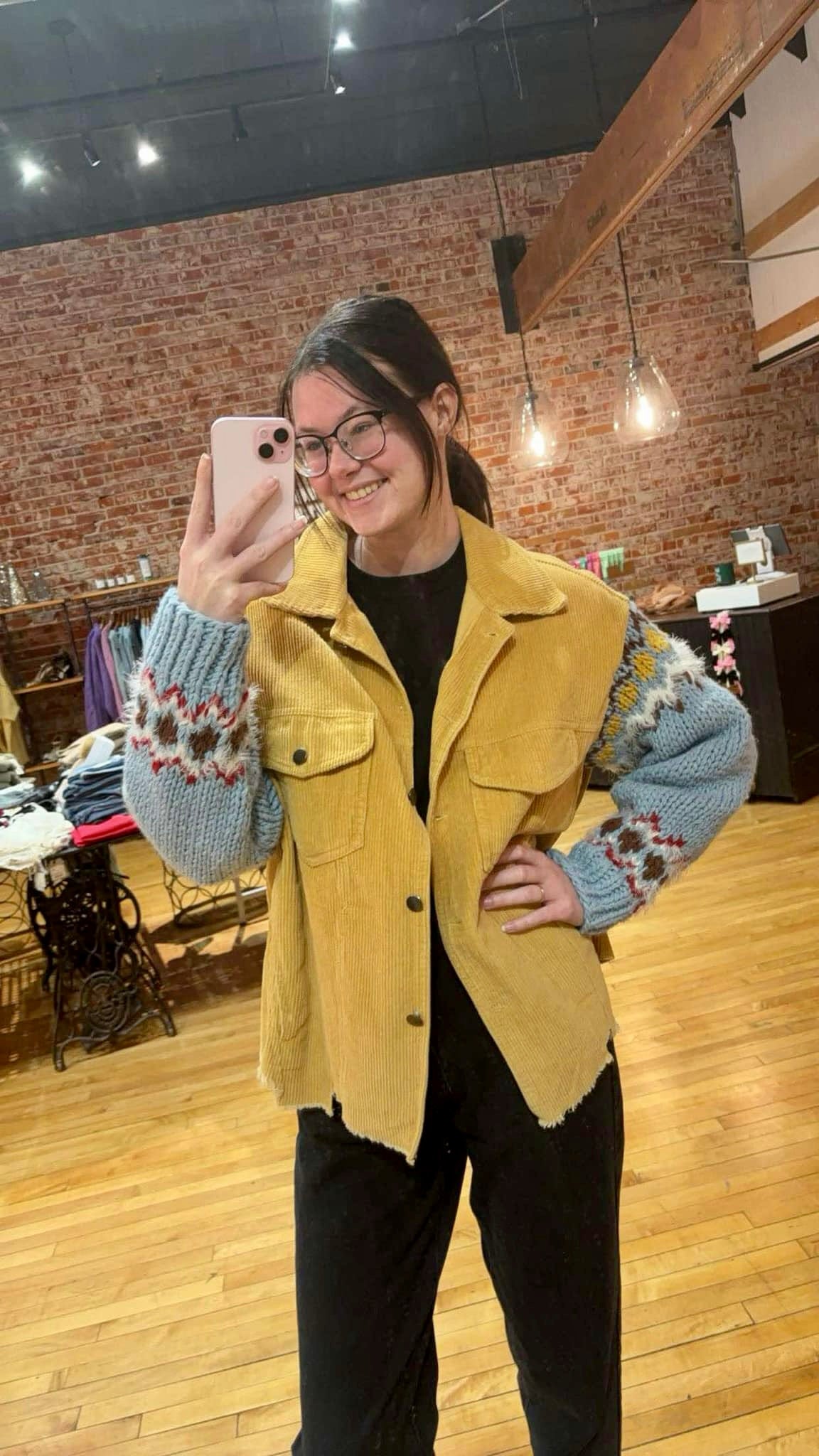 Mustard Jacket w/ Patterned Knit Sleeves