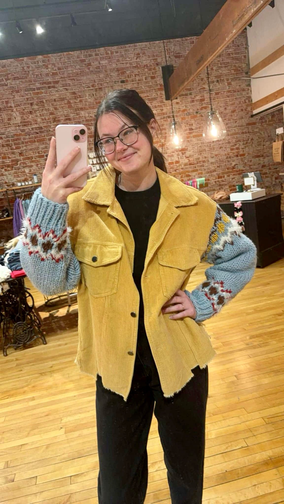 Mustard Jacket w/ Patterned Knit Sleeves
