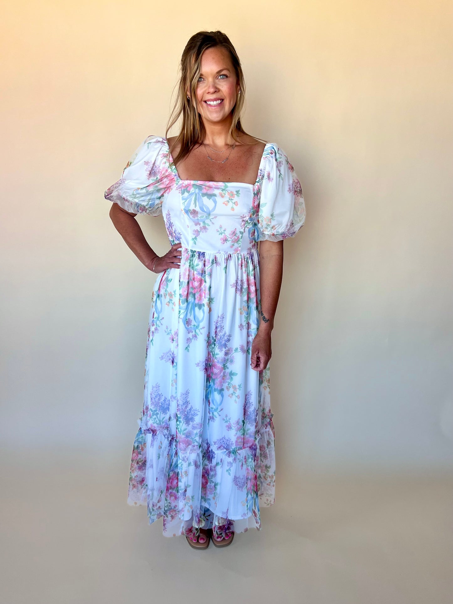 Tulle Mesh Square Neck Dress
