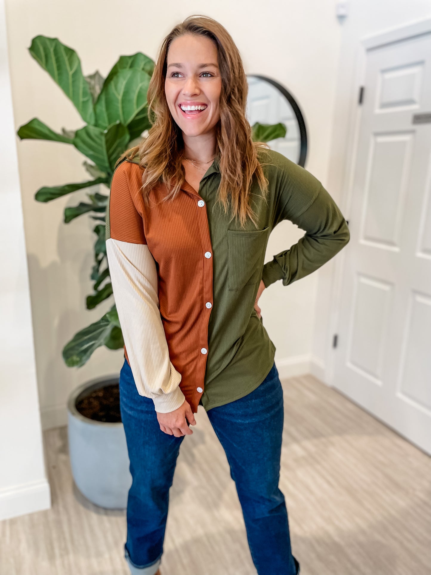 Split Olive Blocked Button Down