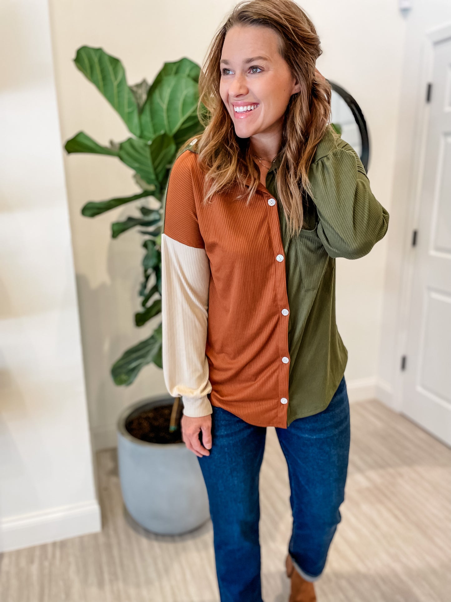 Split Olive Blocked Button Down