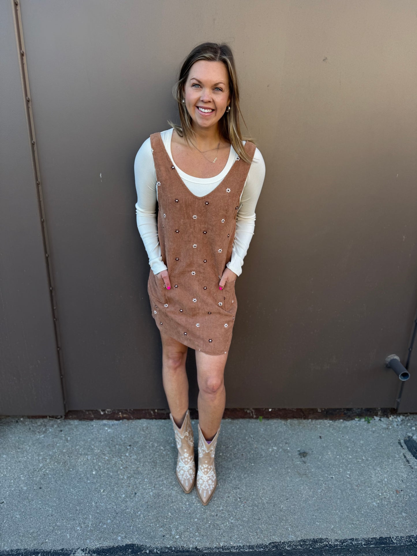 Floral Embroidered Corduroy Pinafore Overall Dress