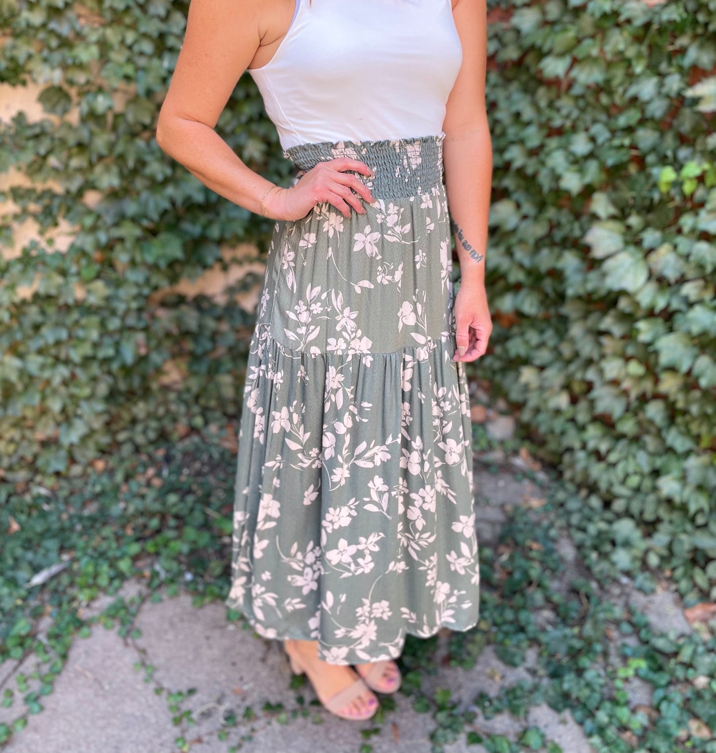 Green Print Tiered Skirt