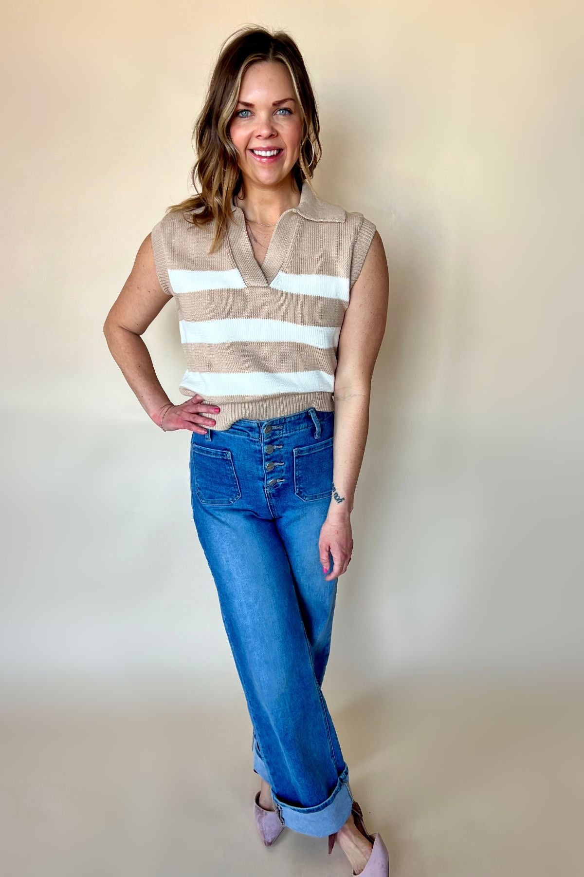 Striped Beige Sleeveless