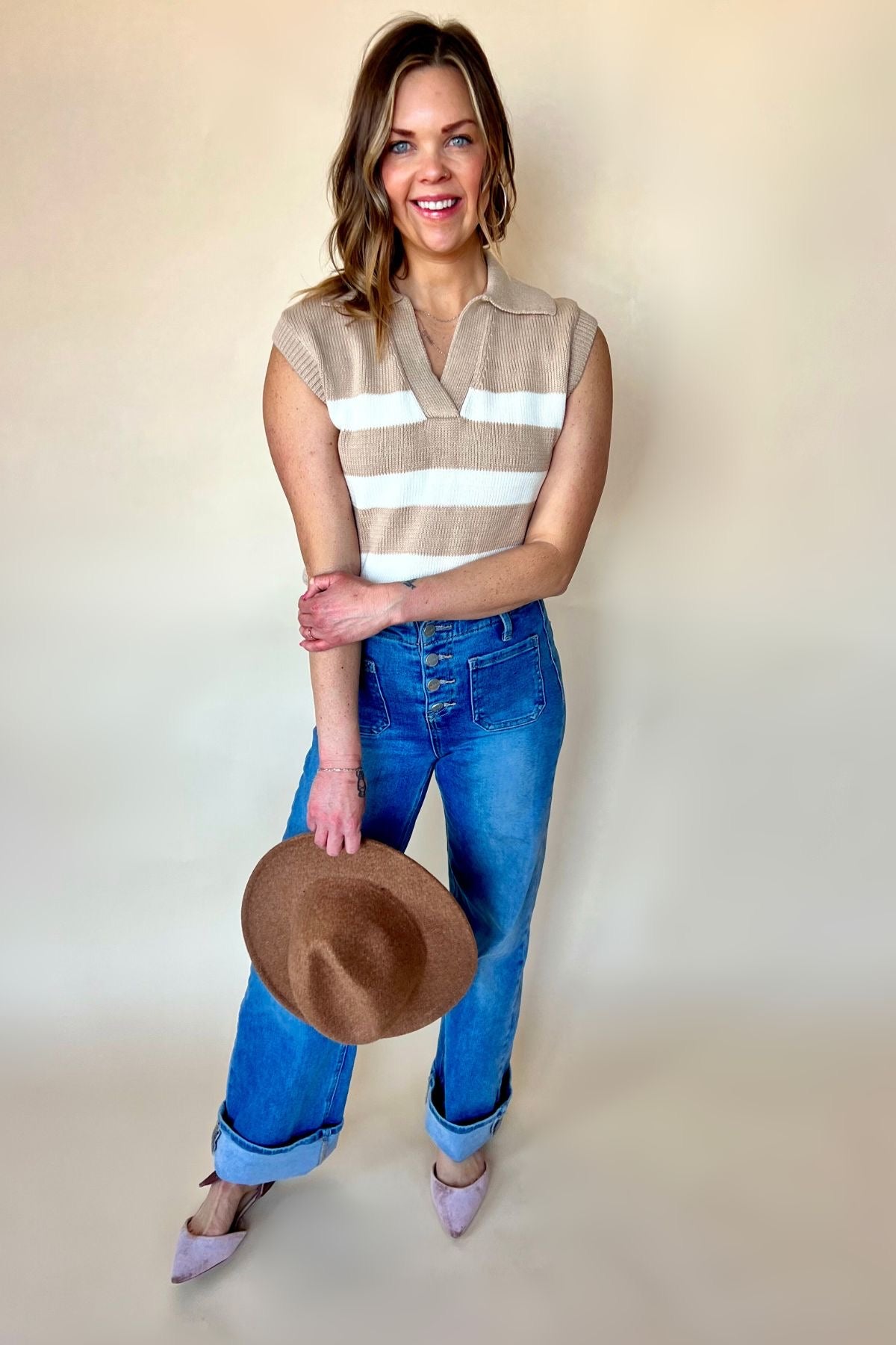 Striped Beige Sleeveless