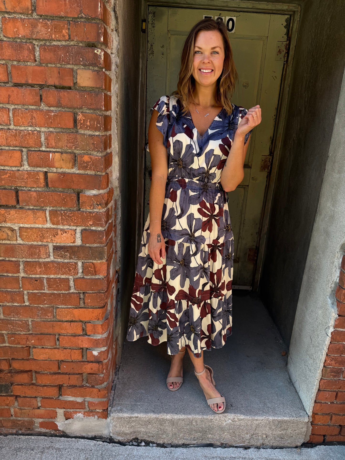 Vivid Bloom Satin Tiered Midi Dress