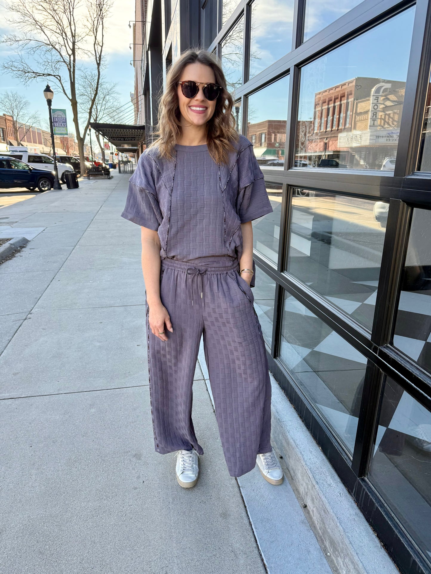 Textured T-Shirt with Contrasting Plaid Binding