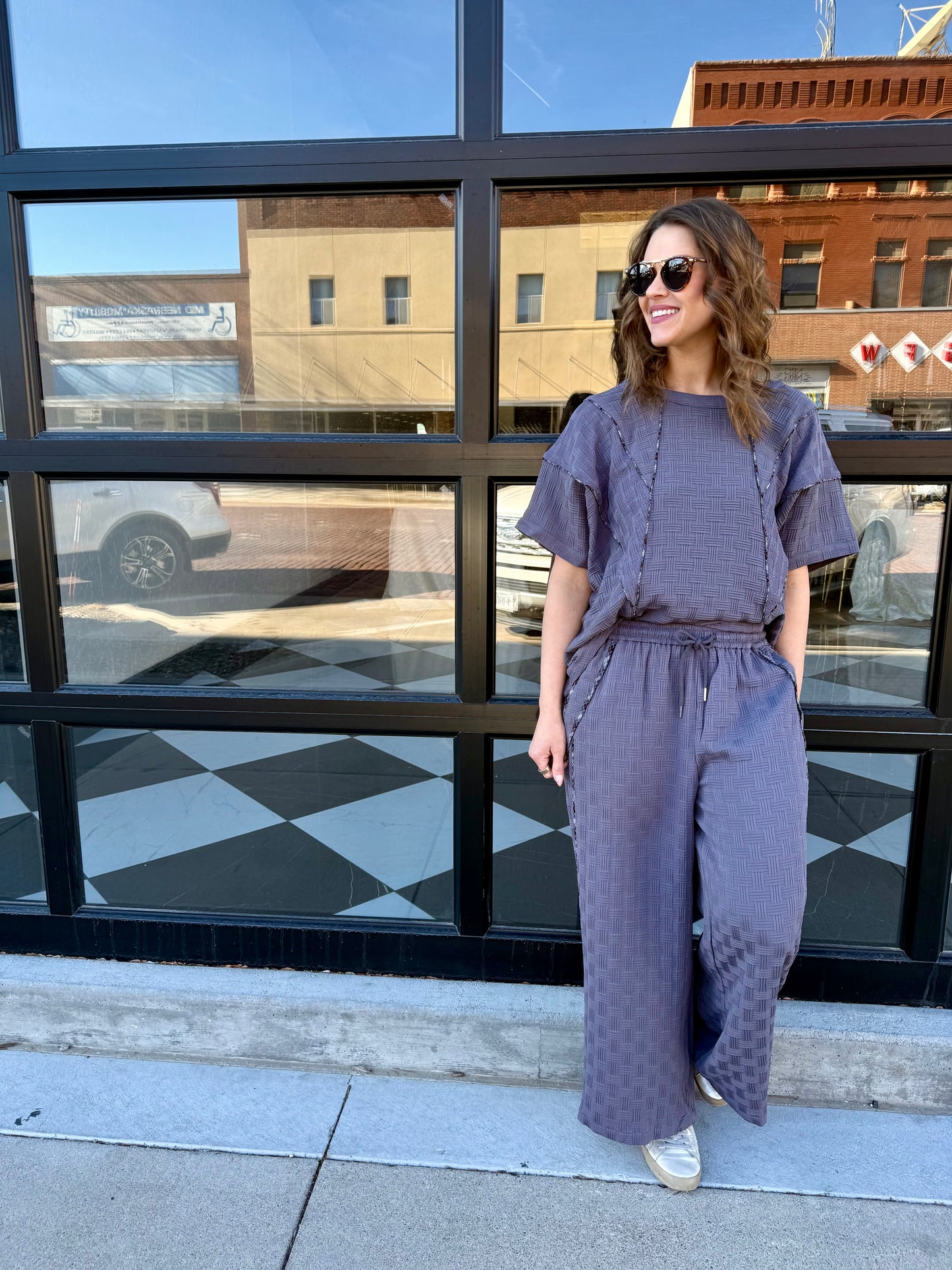 Textured Pants with Contrasting Plaid Binding