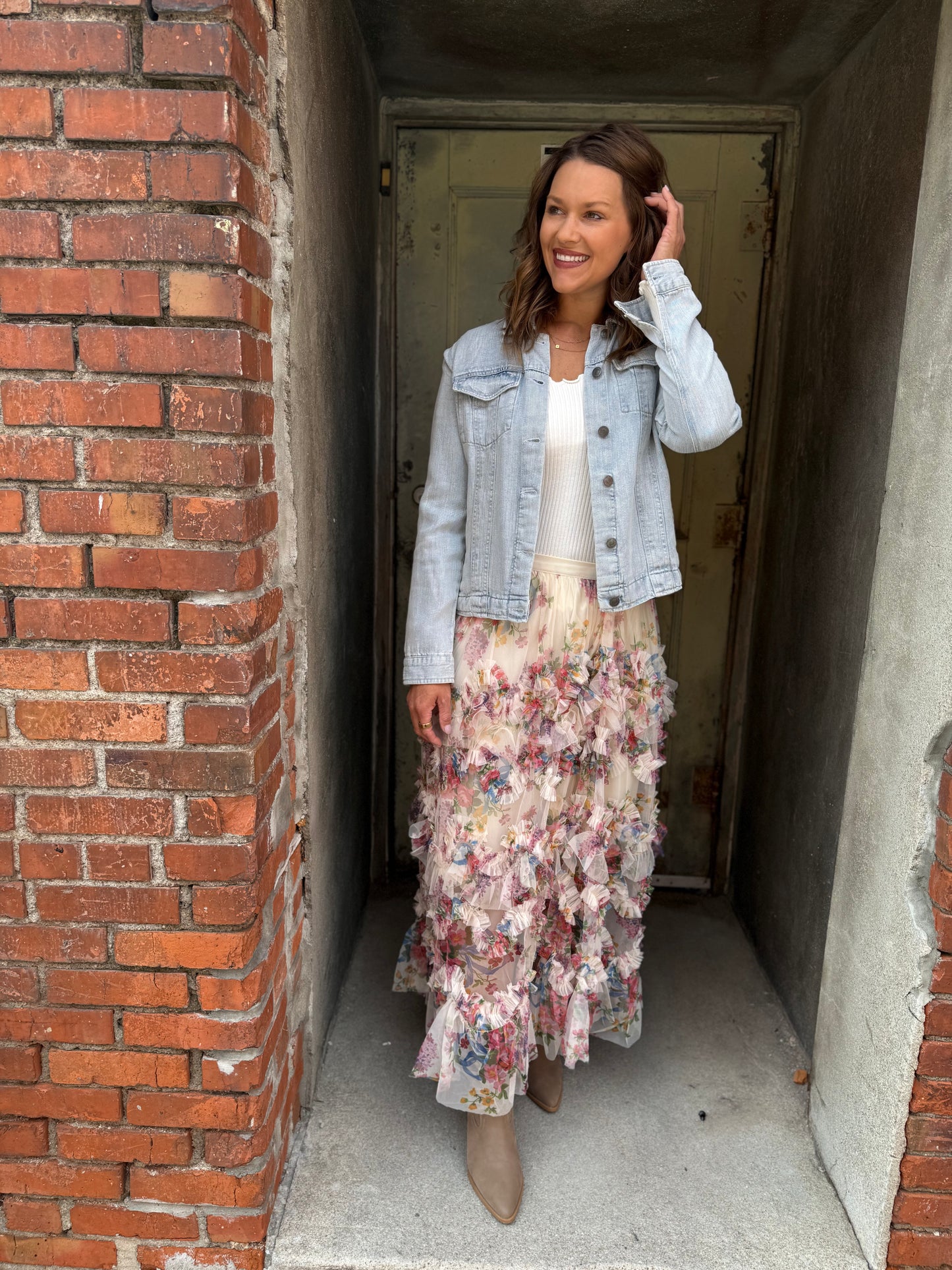 Floral Ruffled Mesh Tiered Midi Skirt