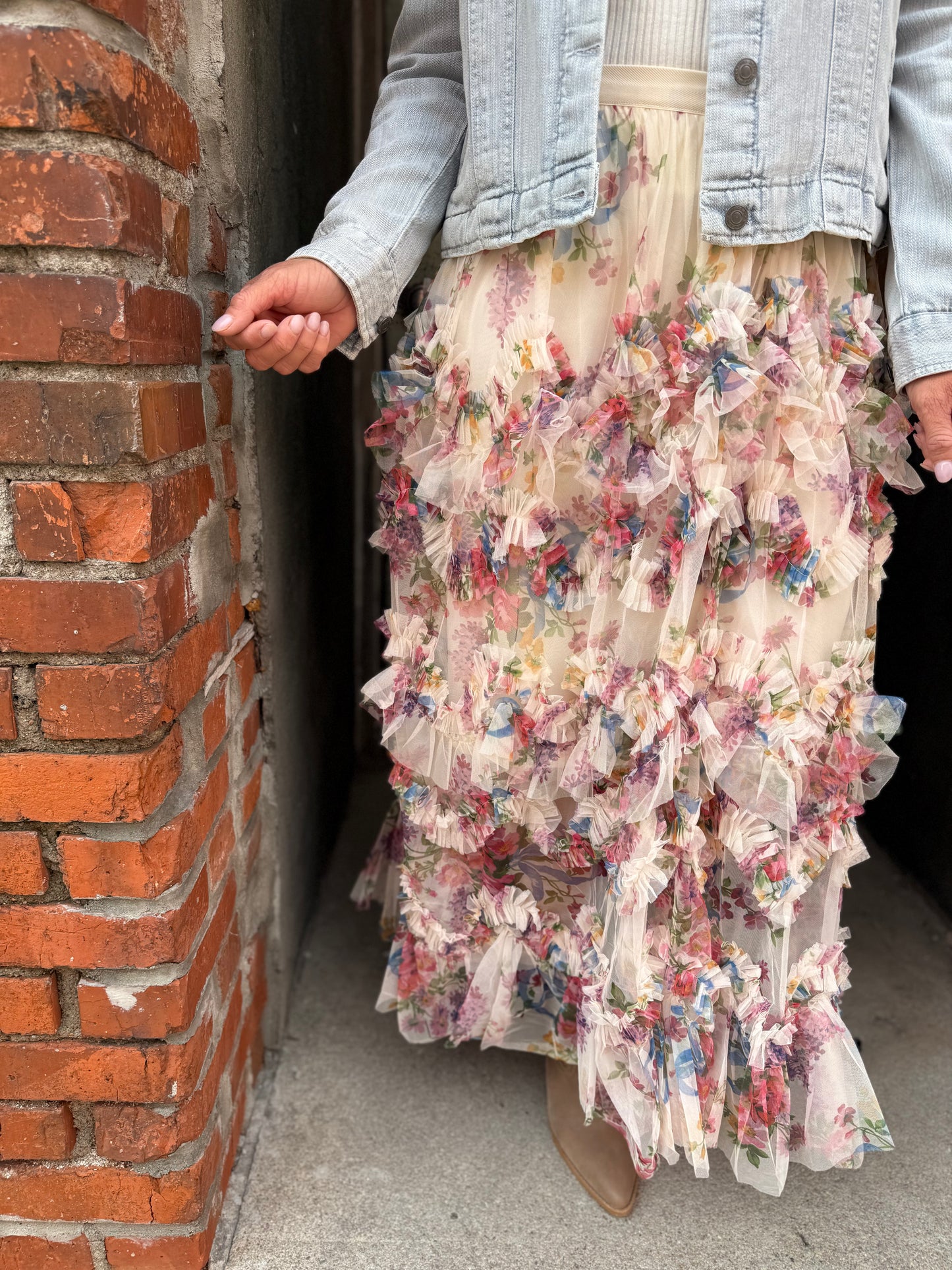 Floral Ruffled Mesh Tiered Midi Skirt