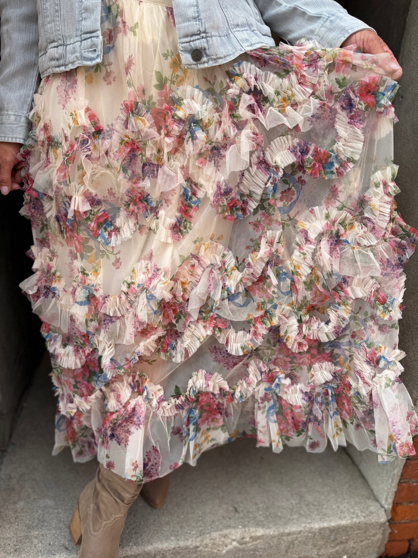 Floral Ruffled Mesh Tiered Midi Skirt