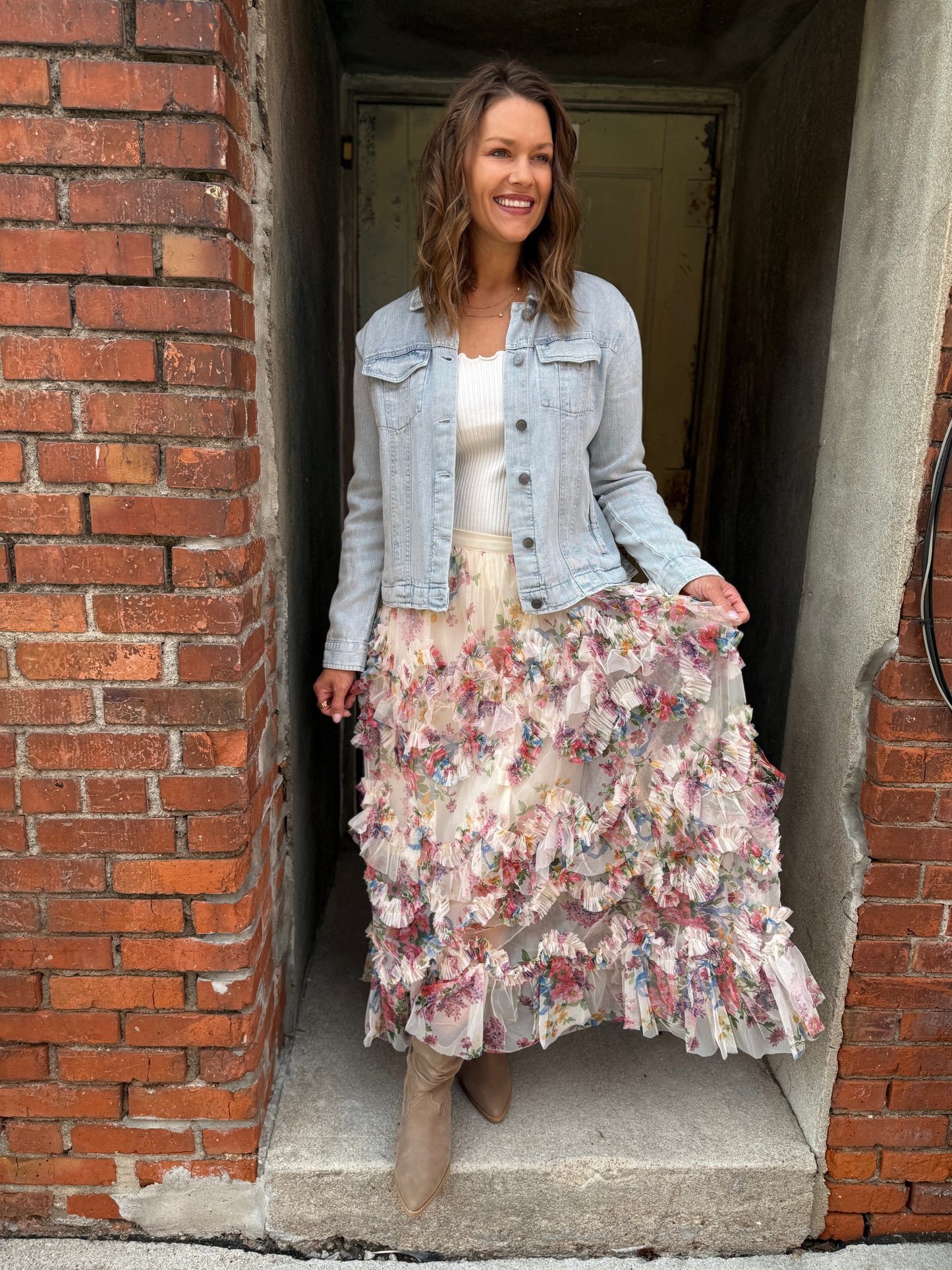 Floral Ruffled Mesh Tiered Midi Skirt