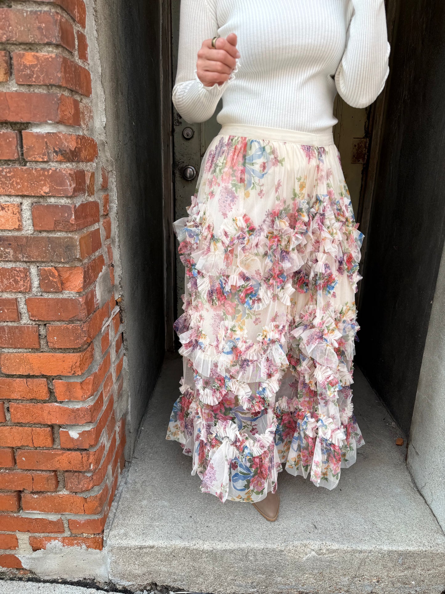 Floral Ruffled Mesh Tiered Midi Skirt