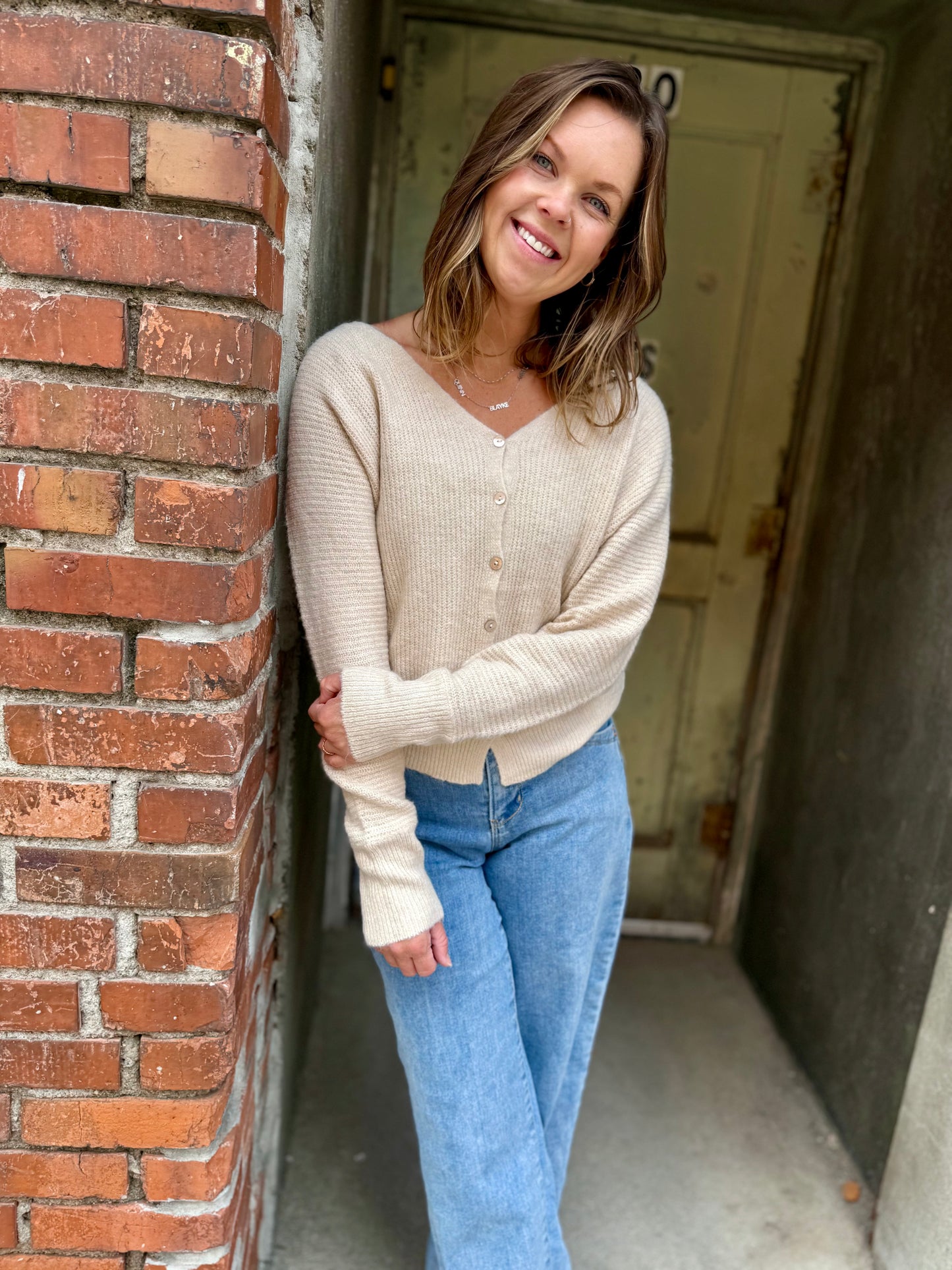 Oatmeal Double V-Neck Cardigan