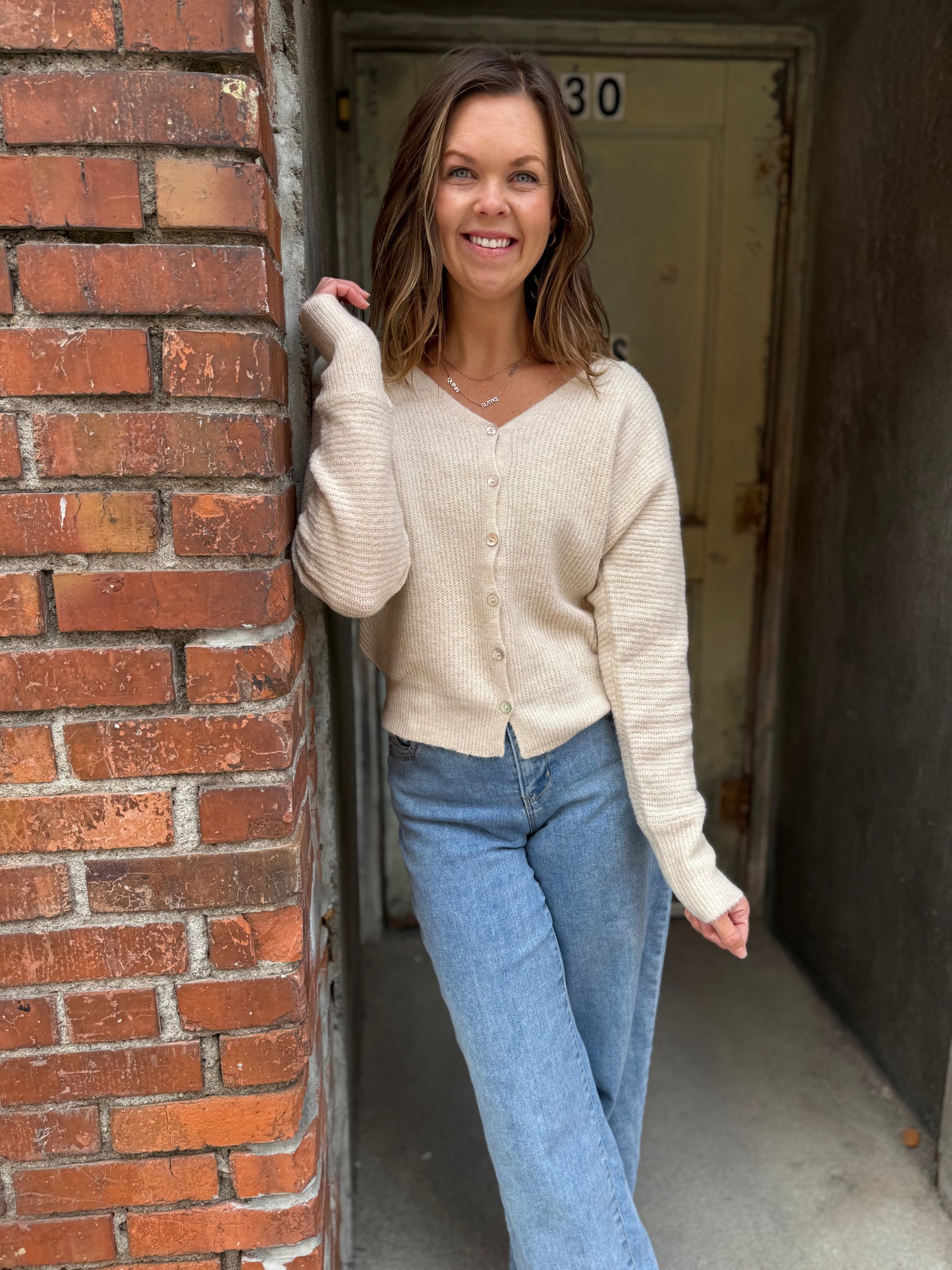 Oatmeal Double V-Neck Cardigan