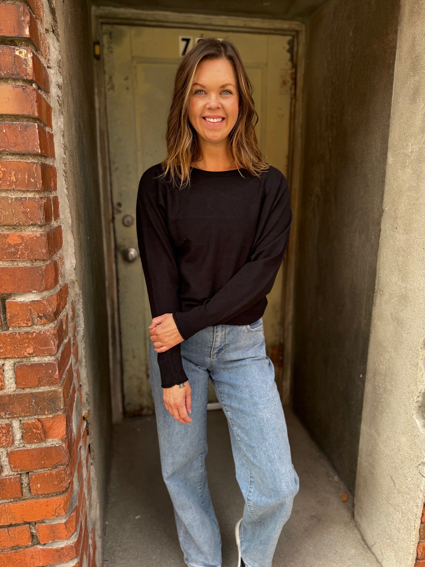 Black Wide Crew Neck Dolman Pullover