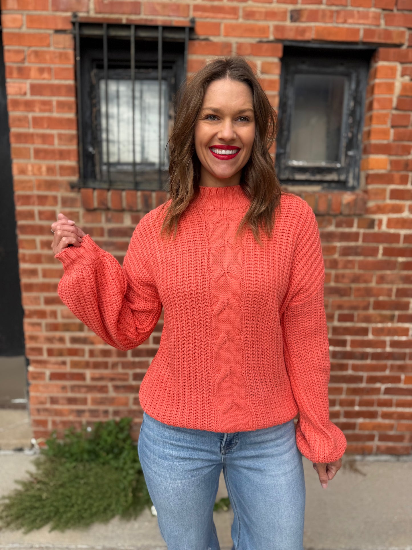 Coral Cable-Knit Charm Sweater