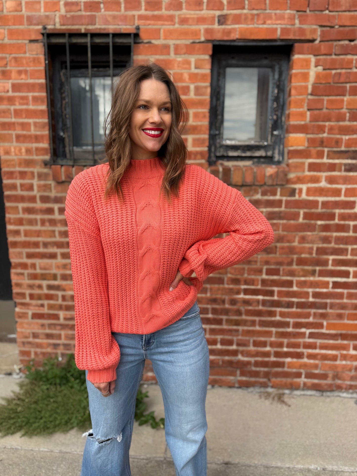 Coral Cable-Knit Charm Sweater